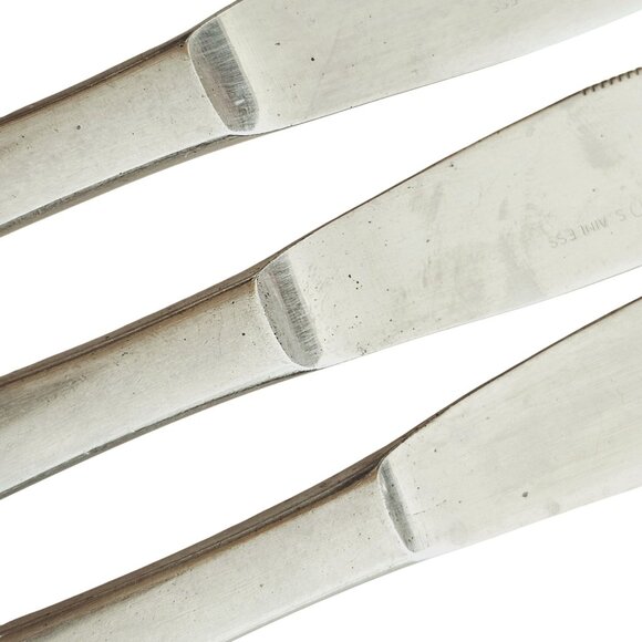 4 Woodwind Dinner Knife 8" wood-like handle vtg midcentury boho minimalist mixed - Picture 6 of 9